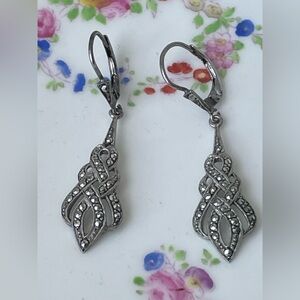 Antique Art Deco Marcasite Pyrite Sterling Silver Elegant Silver Drop Earrings